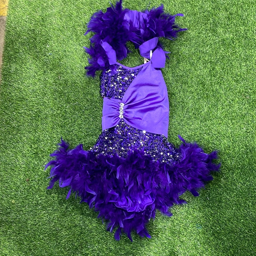 Ladies purple dance leotard with sequins and feather trim.
